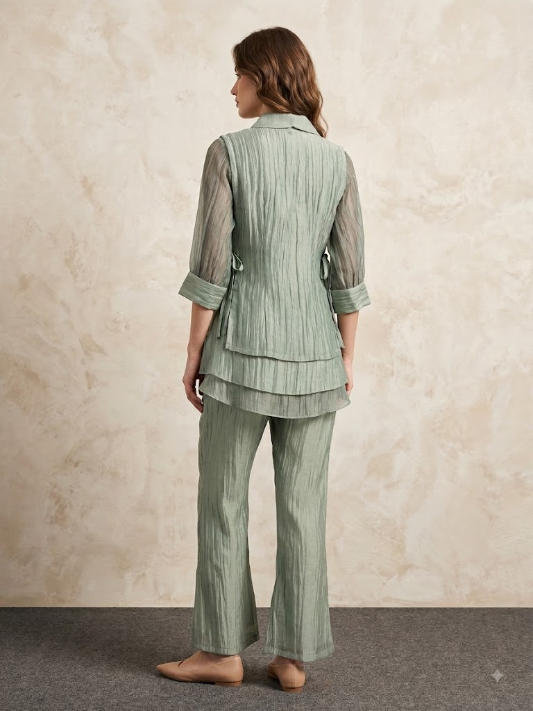 Sage Green Embellished Shimmer Organza Silk Co-Ord Set