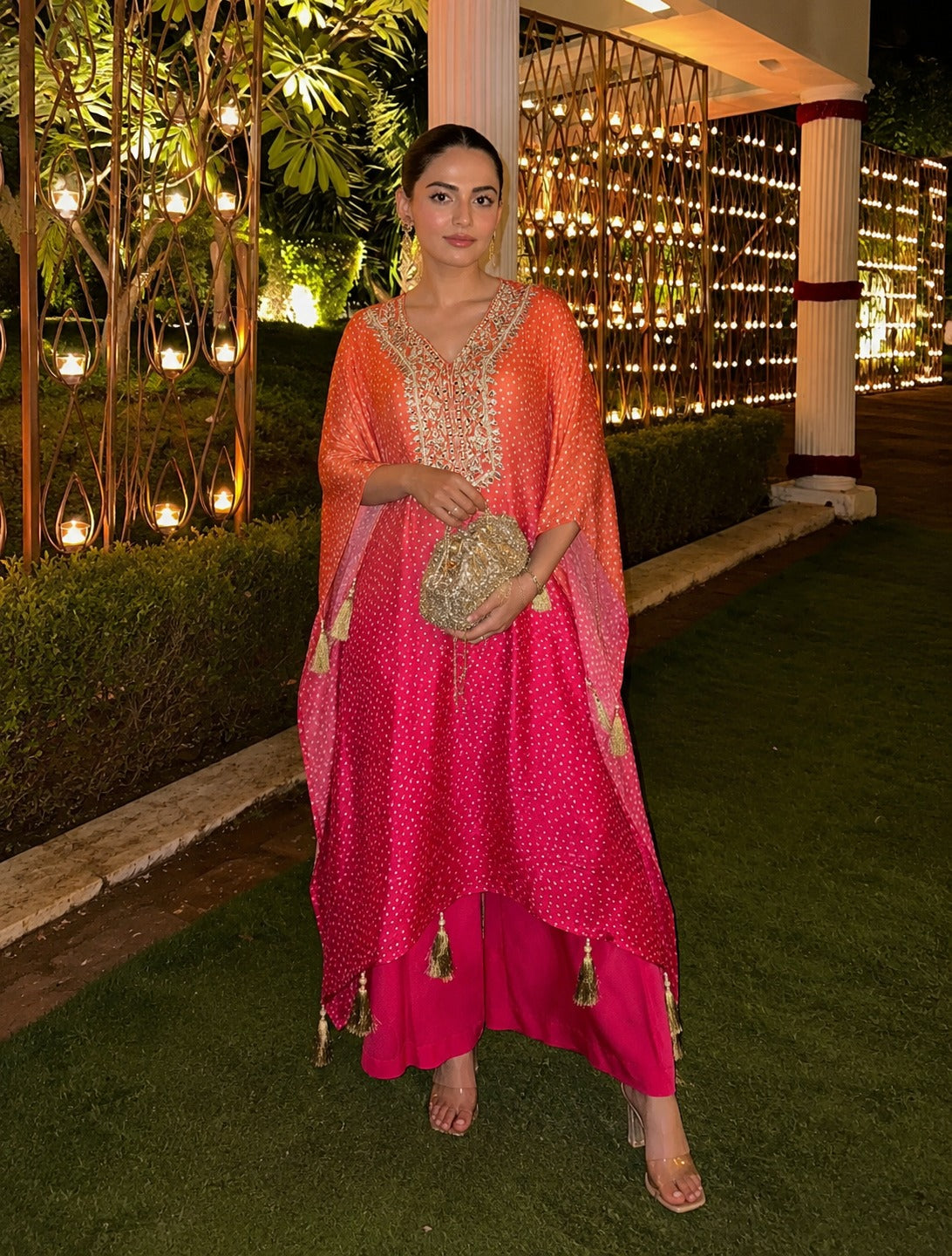 Pink & Orange Ombre Embellished Satin Silk Kaftan Set