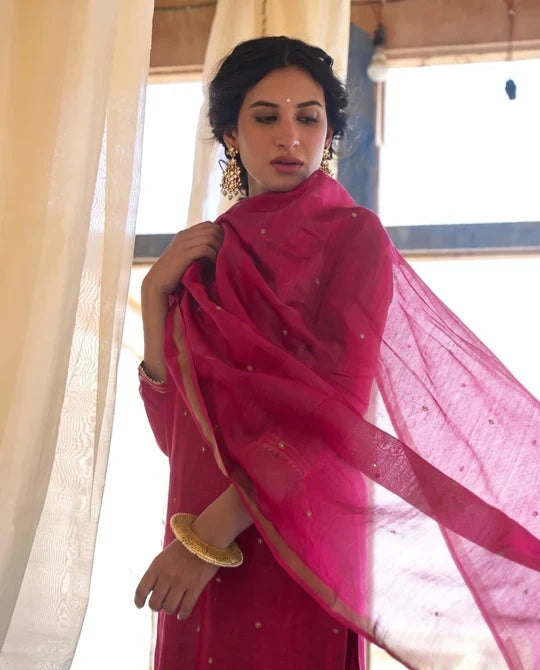 Magenta Pink Embellished Mul Chanderi Silk Pant Set