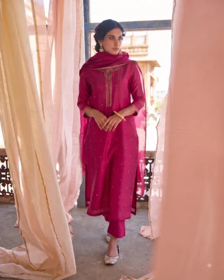 Magenta Pink Embellished Mul Chanderi Silk Pant Set