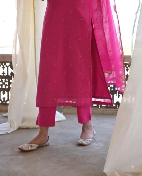 Magenta Pink Embellished Mul Chanderi Silk Pant Set