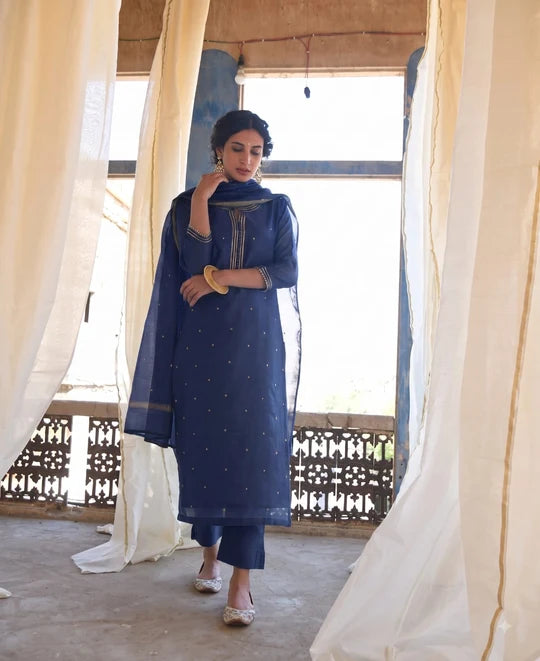 Navy Blue Embellished Mul Chanderi Pant Set