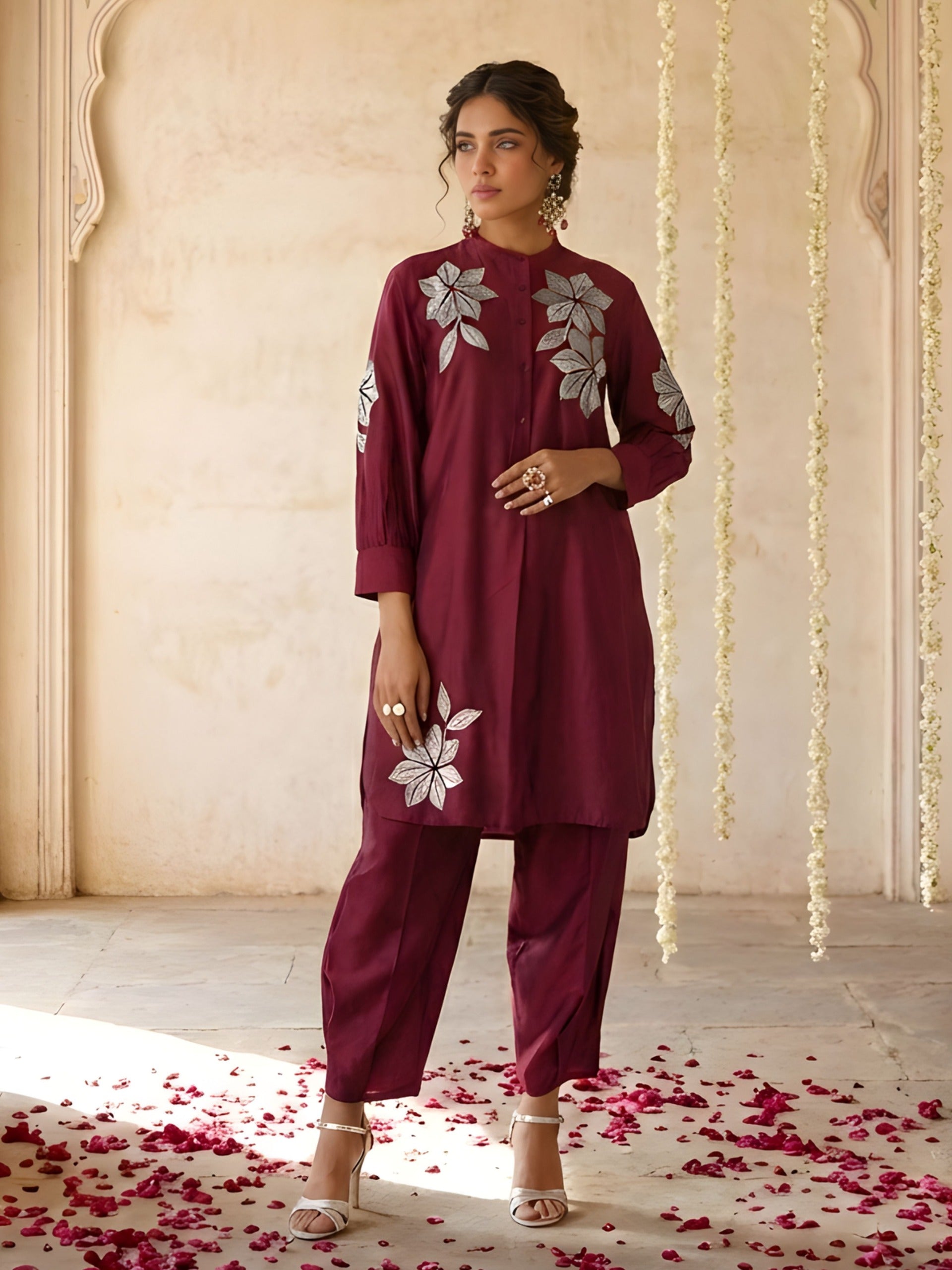 Maroon Embroidered Premium Silk Co-Ord Set