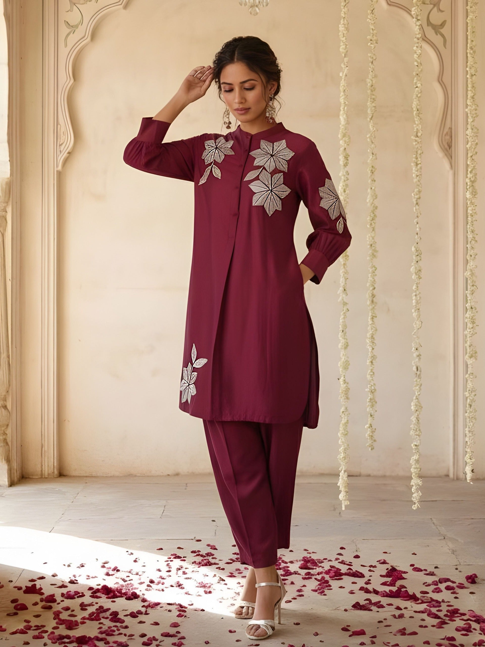 Maroon Embroidered Premium Silk Co-Ord Set