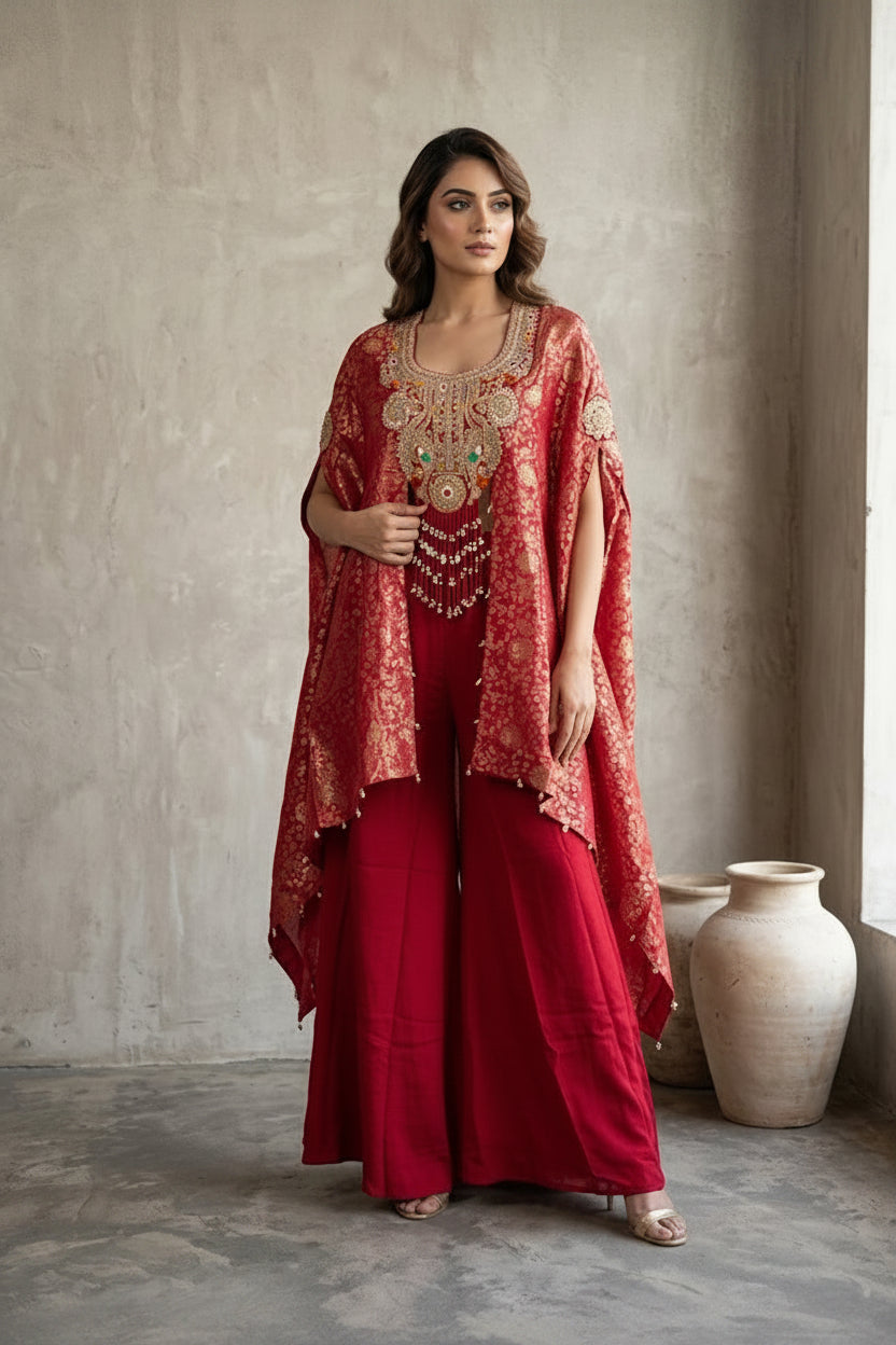 Mulberry Pink Embellished Banarasi Brocade Silk Kaftan Set