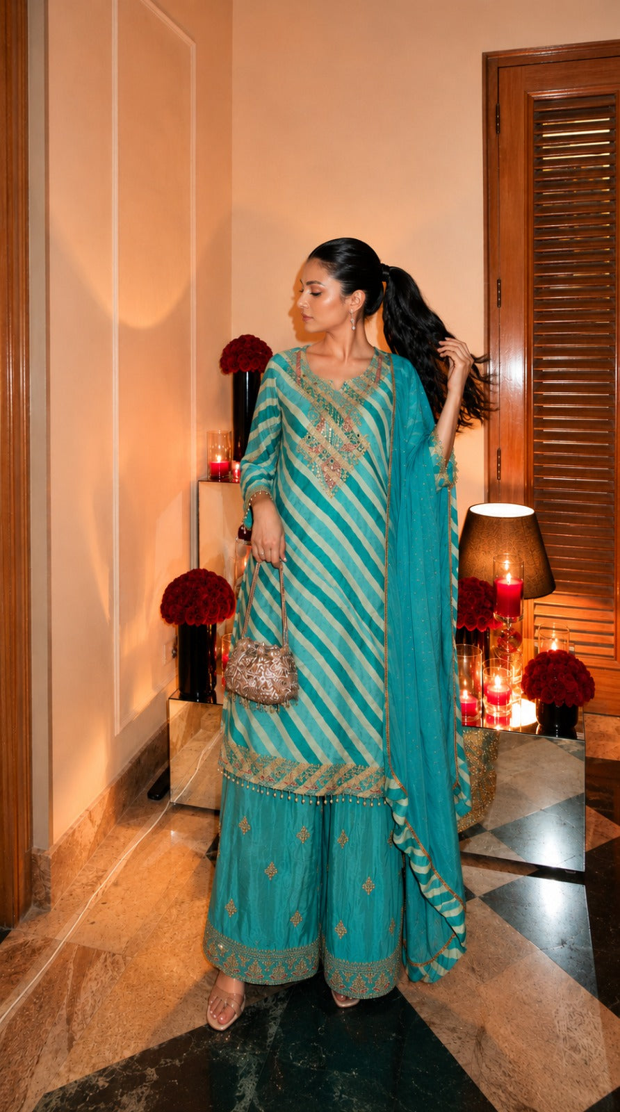 Turquoise Teal Embellished Crepe Silk Palazzo Set