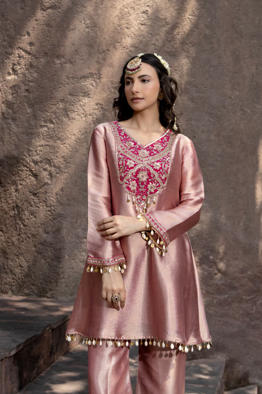 Blush Pink Embellished Tissue Silk Palazzo Set