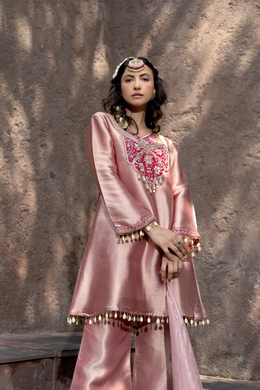 Blush Pink Embellished Tissue Silk Palazzo Set