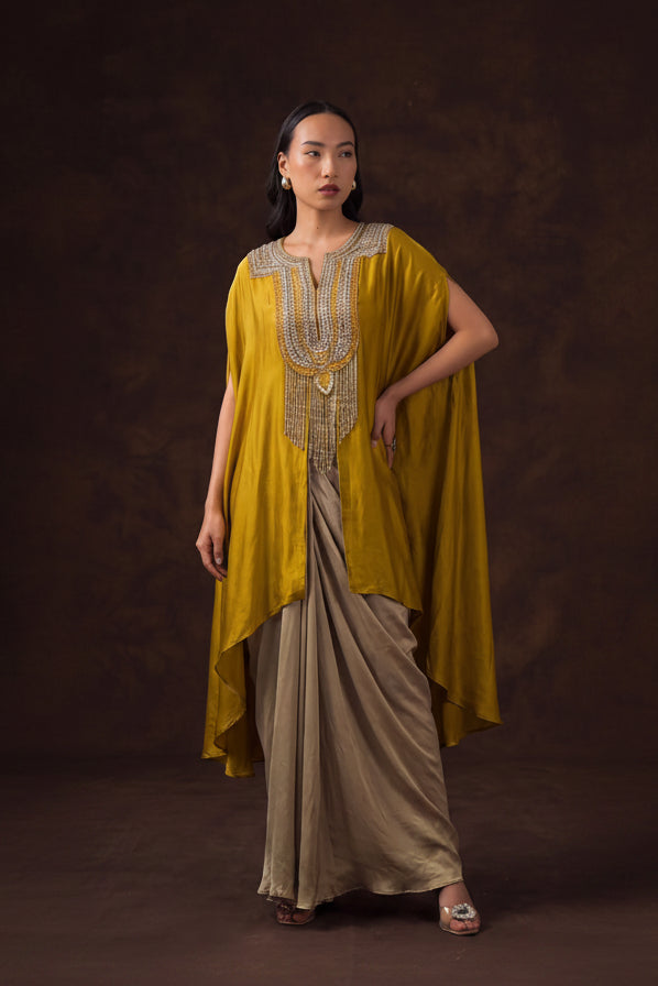 Mustard Embellished Satin Silk Drape Skirt Set