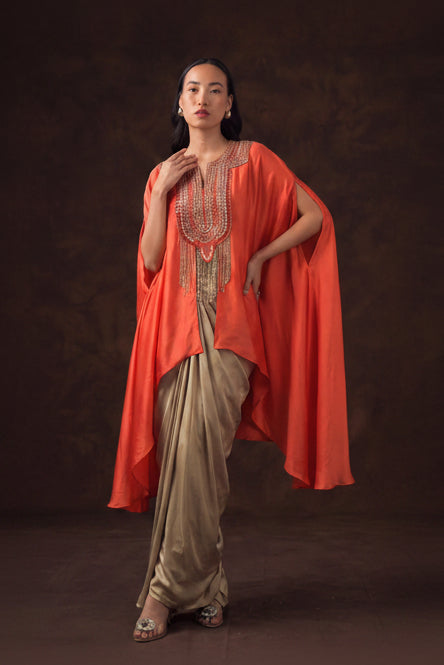 Orange Embellished Satin Silk Drape Skirt Set