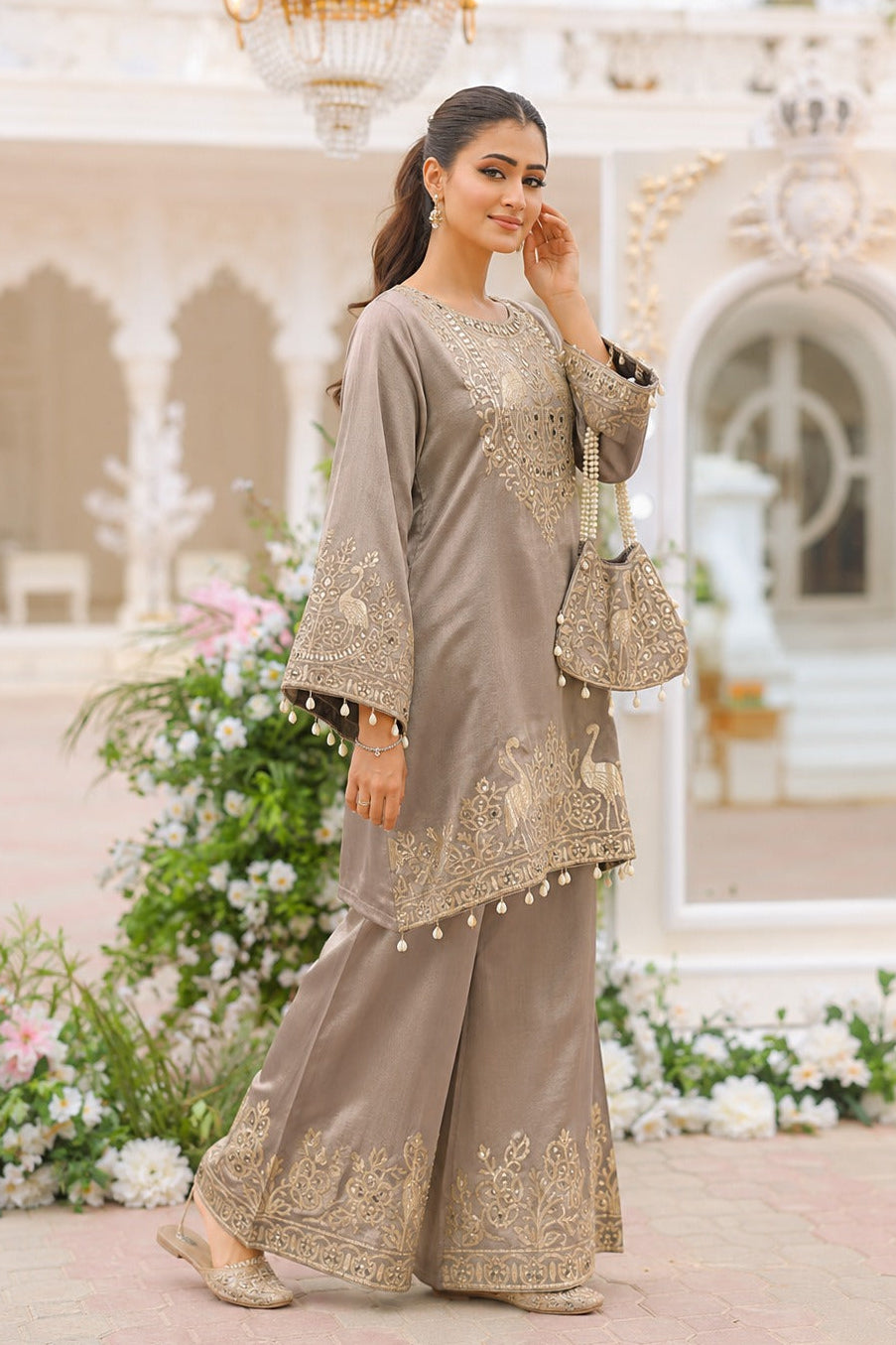 Taupe Embellished Premium Silk Co-Ord Set