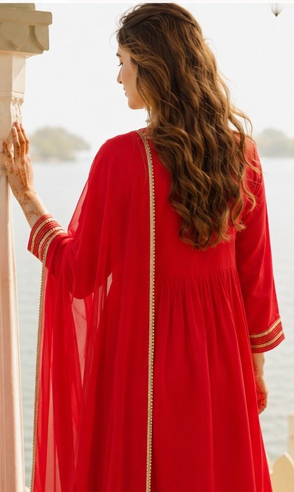 Crimson Red Embellished Mul Chanderi Silk Palazzo Set