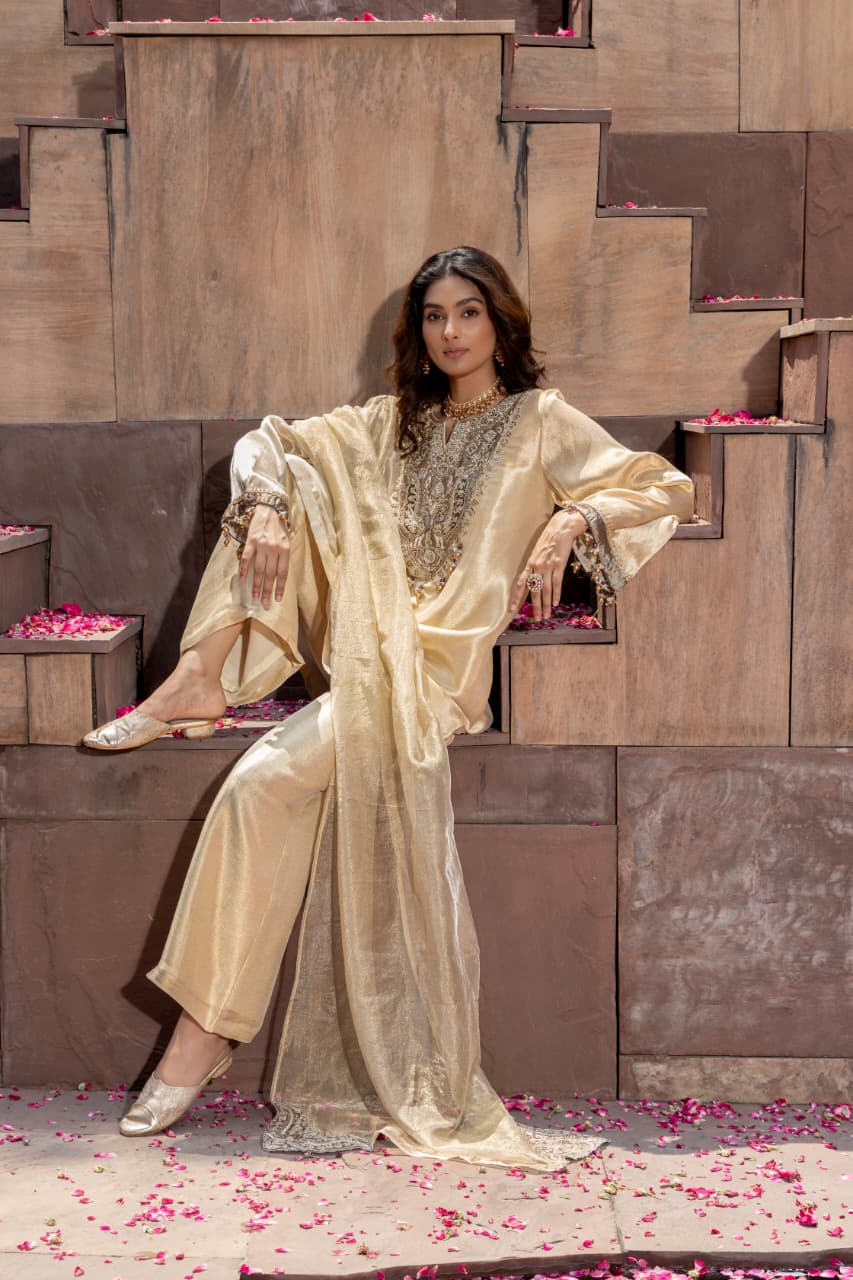 Champagne Gold Embellished Giraffe Tissue Silk Palazzo Set