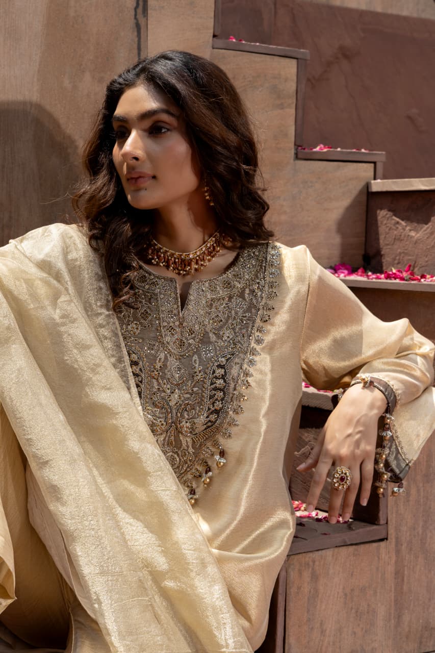 Champagne Gold Embellished Giraffe Tissue Silk Palazzo Set