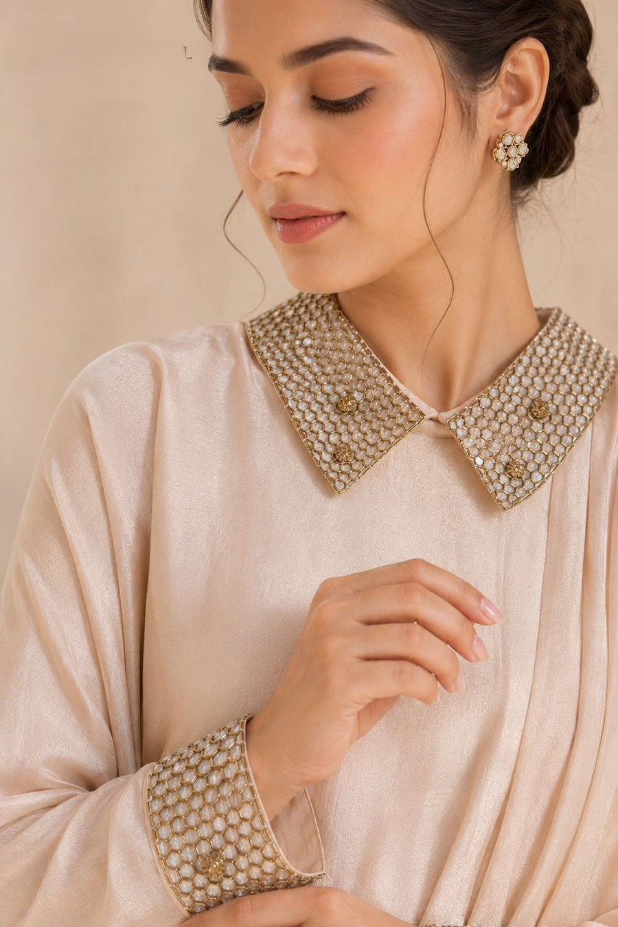 Champagne Pearl Embellished Lattice Draped Gown