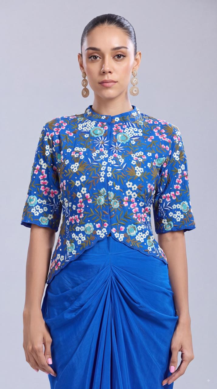 Blue Floral Embellished Crepe Silk Skirt Set