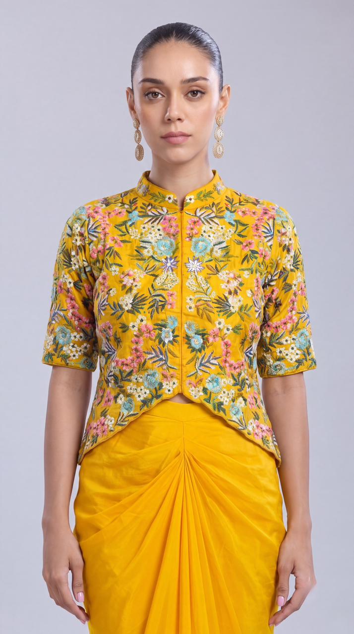 Yellow Floral Embellished Crepe Silk Skirt Set