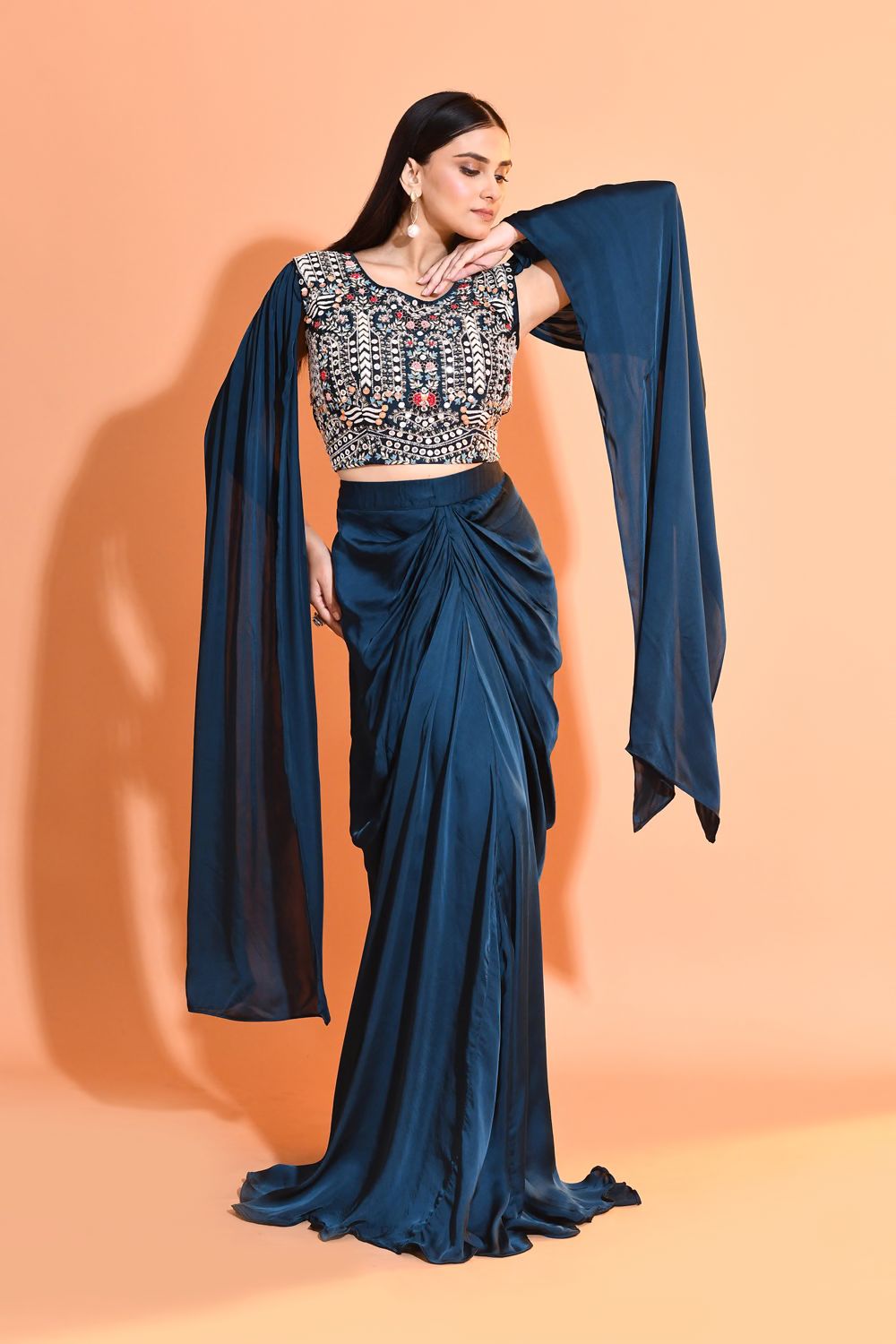 Navy Embellished Premium Georgette Skirt Set