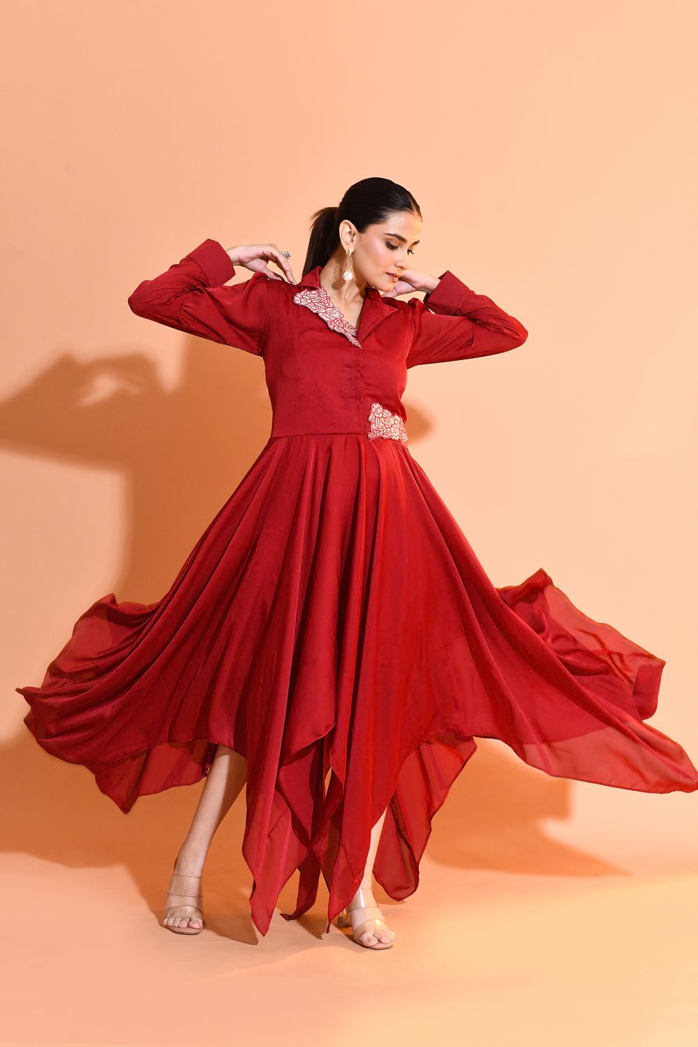 Maroon Embellished Satin Silk Dress