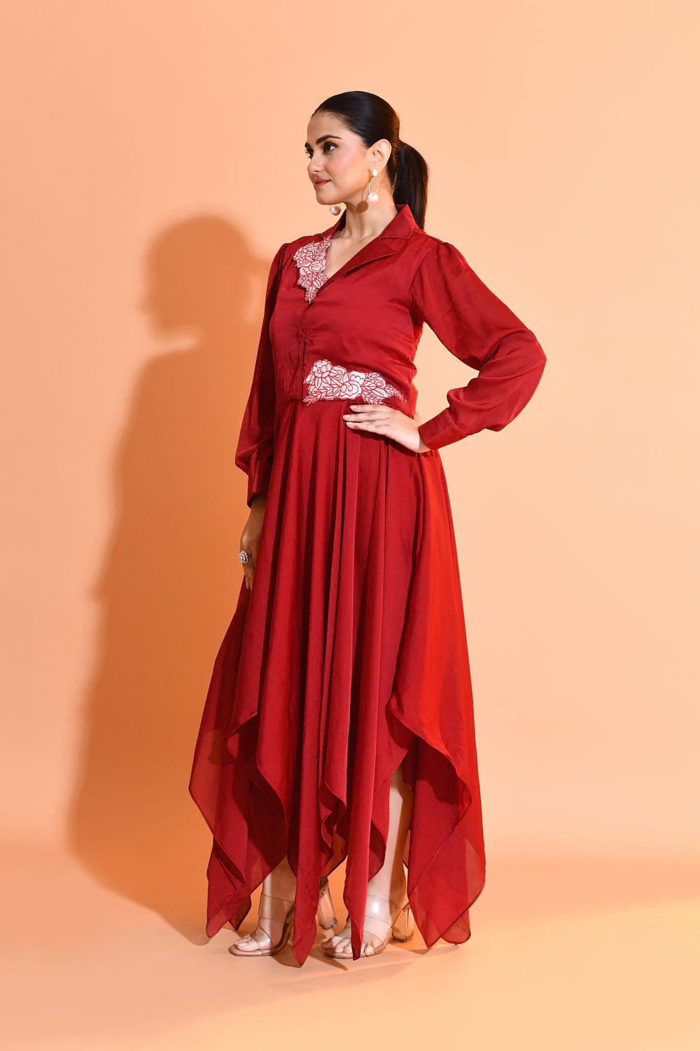 Maroon Embellished Satin Silk Dress