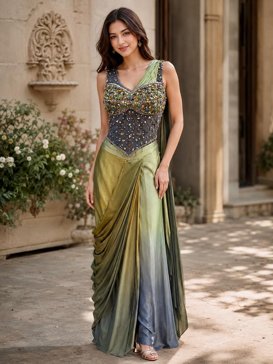 Willow Grey Ombre Embellished Satin Silk Draped Skirt Saree