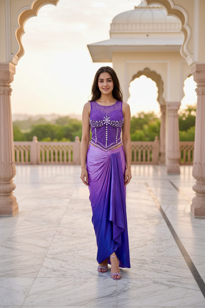 Violet Ombre Embellished Satin Silk Skirt Set