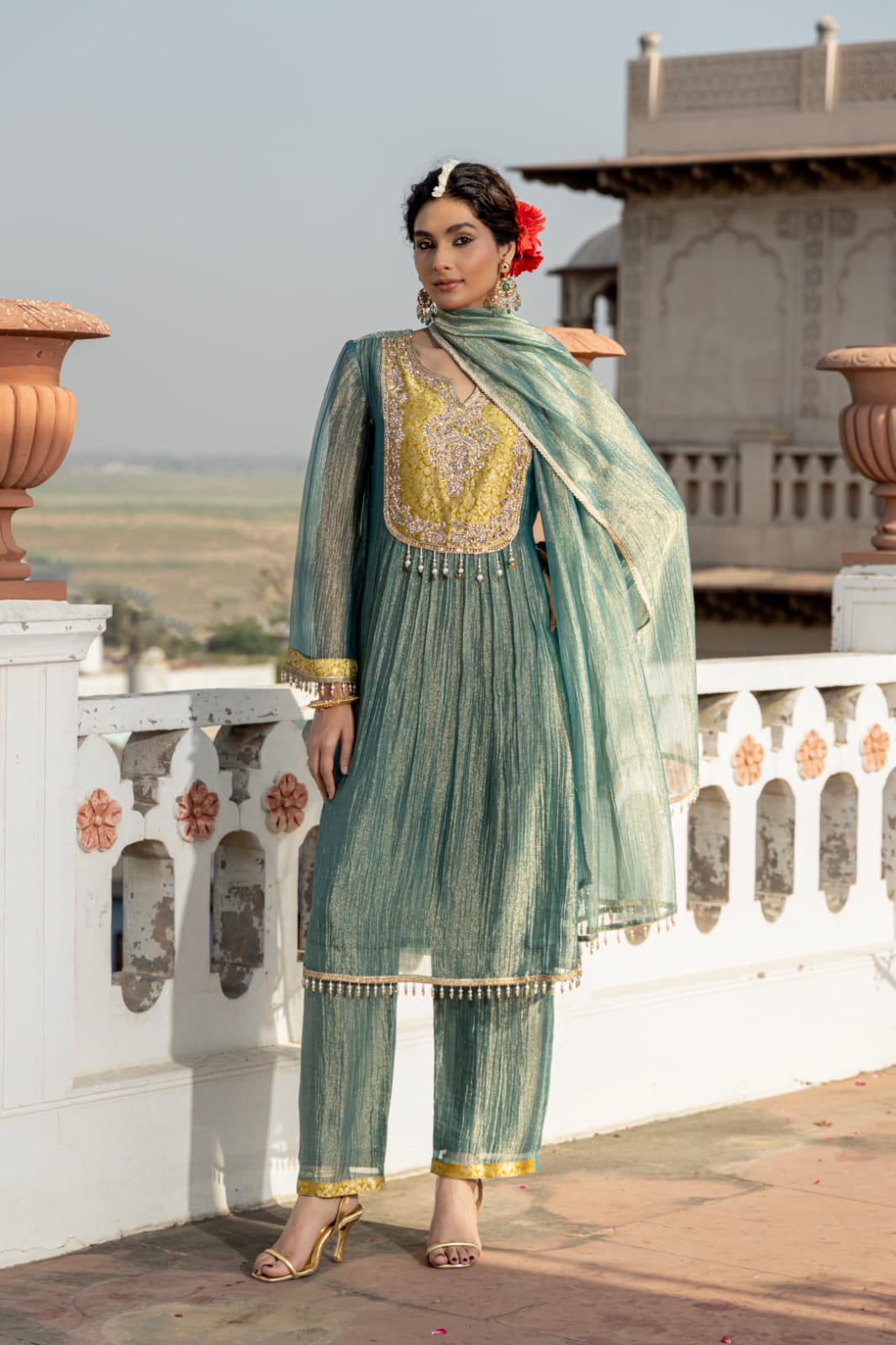 Moss Green Embellished Tissue Silk Pant Set