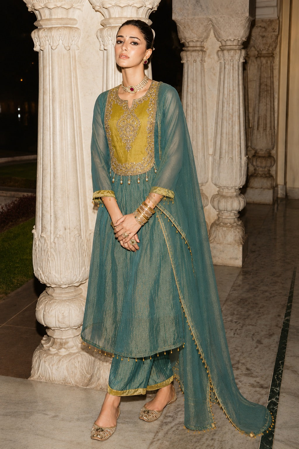 Moss Green Embellished Tissue Silk Pant Set