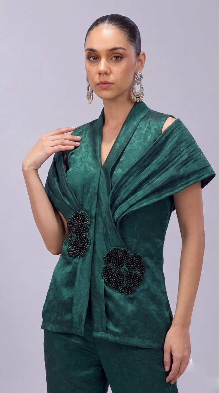 Emerald Green Embellished Premium Silk Co-Ord Set