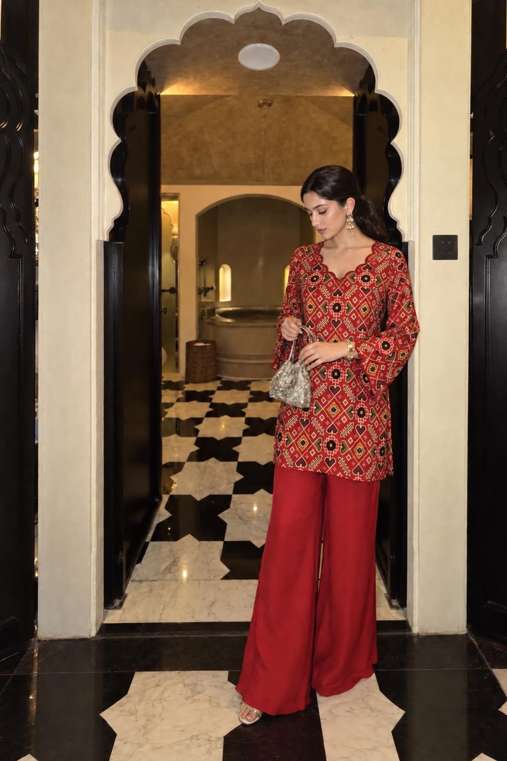 Crimson Red Patola Print Muslin Silk Palazzo Set