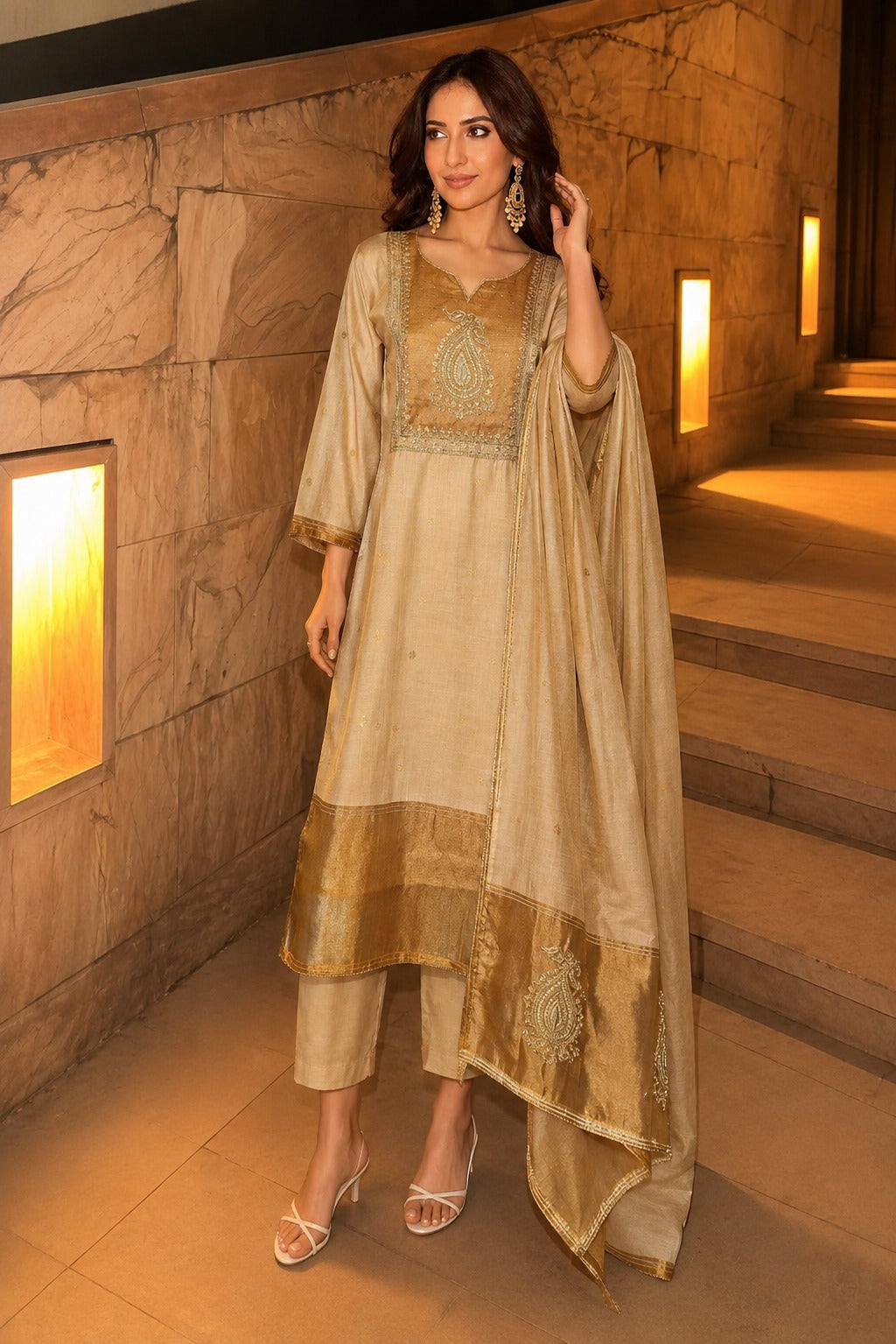 Warm Beige Embellished Chanderi Silk Pant Set