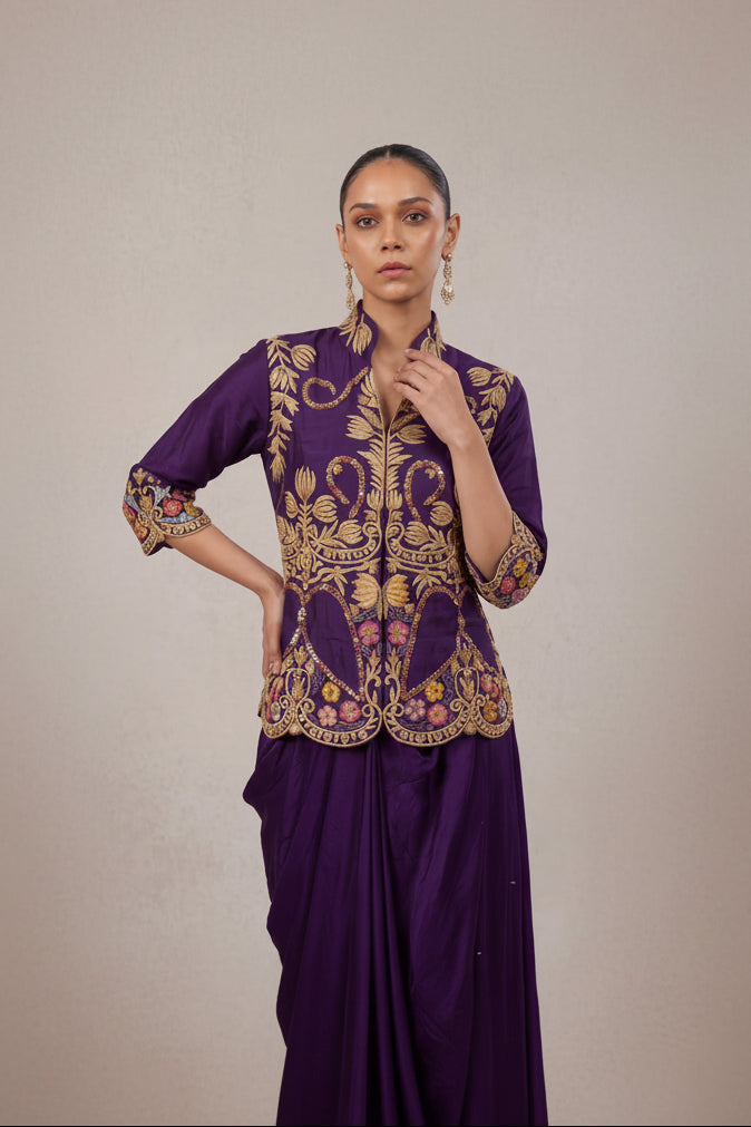 Regal Purple Embellished Dola Silk Skirt Set