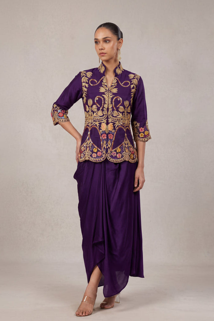 Regal Purple Embellished Dola Silk Skirt Set