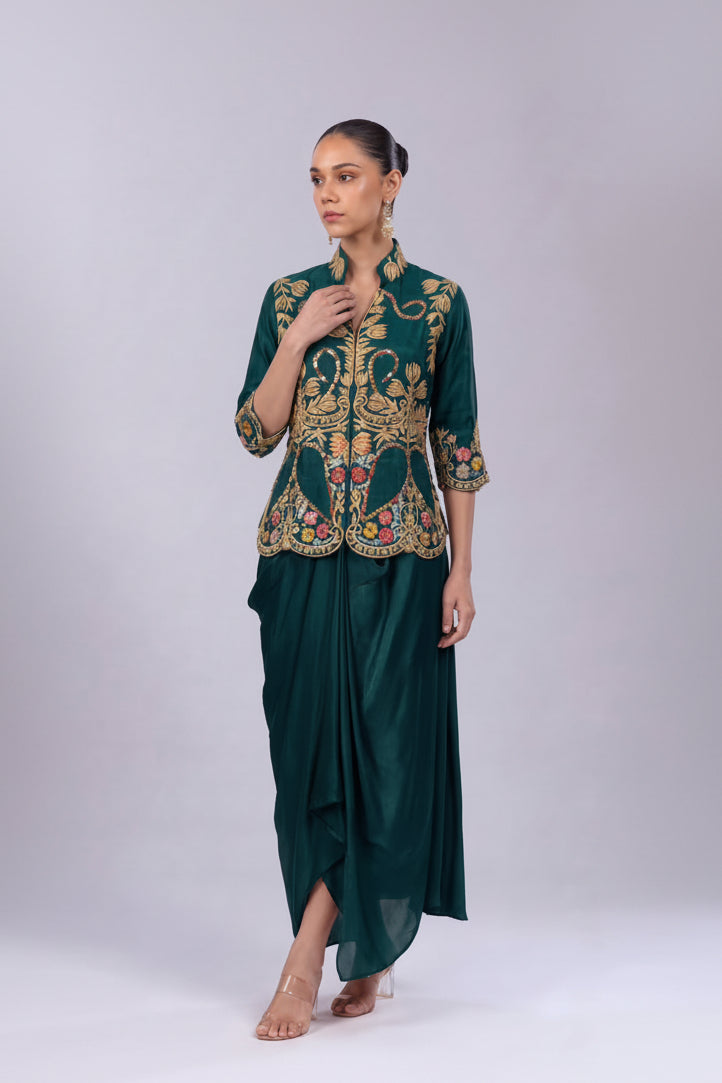 Bottle Green Embellished Dola Silk Skirt Set