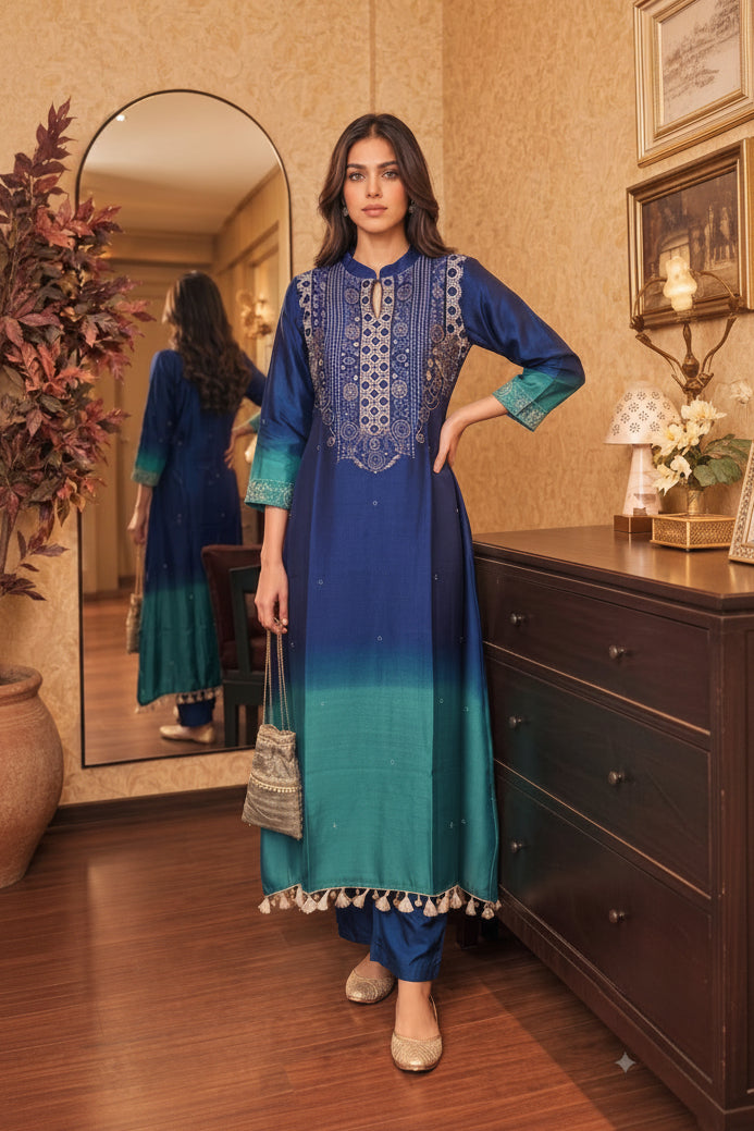 Ombre Blue & Teal Embellished Crepe Silk Kurta Set