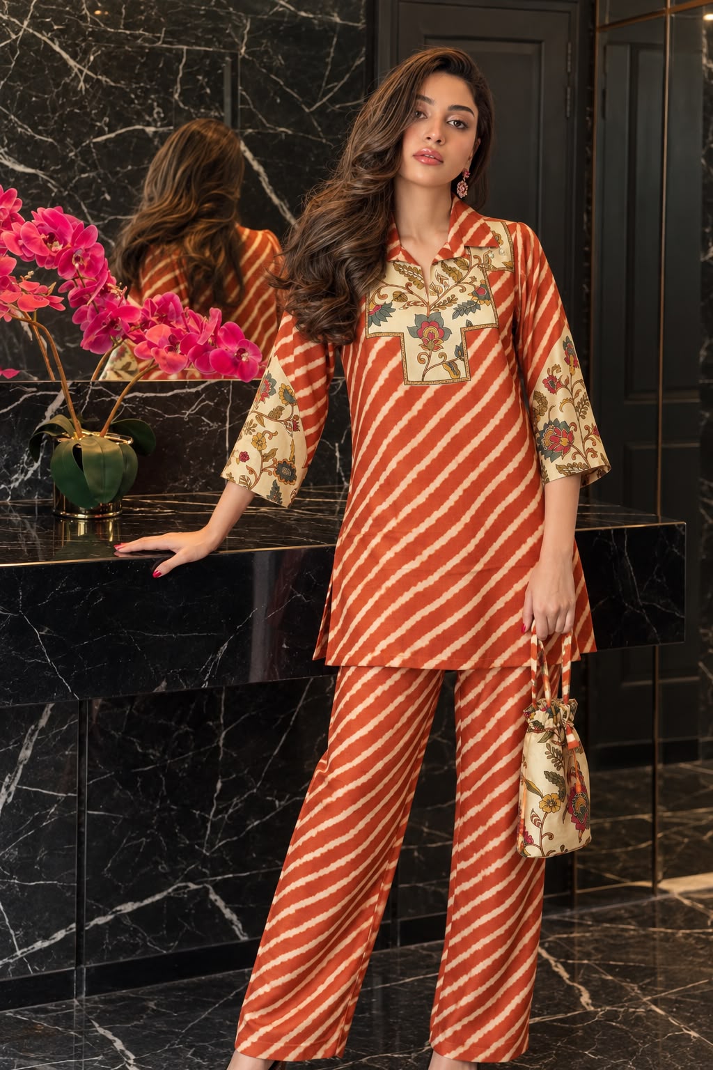Rust Orange Printed Crepe Silk Co-Ord Set