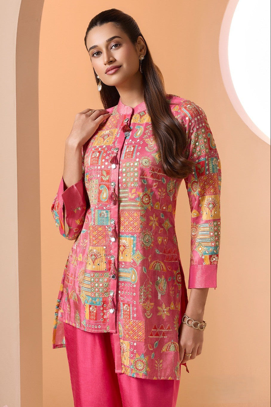 Multi Pink Embellished Shimmer Silk Co-Ord Set