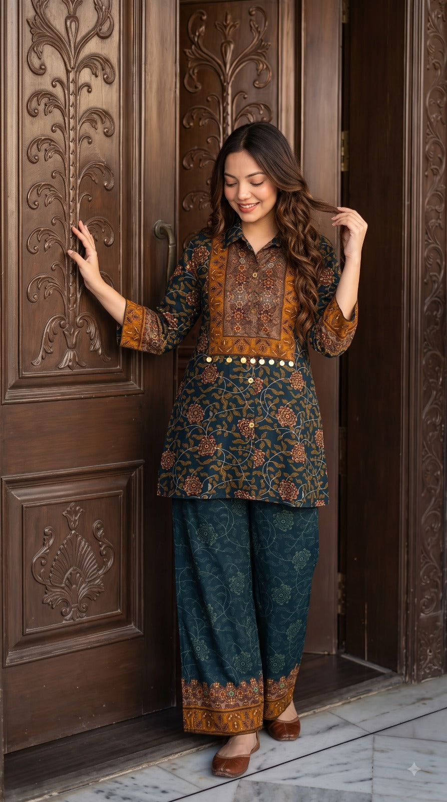 Teal Green & Mustard Printed Crepe Silk Co-Ord Set