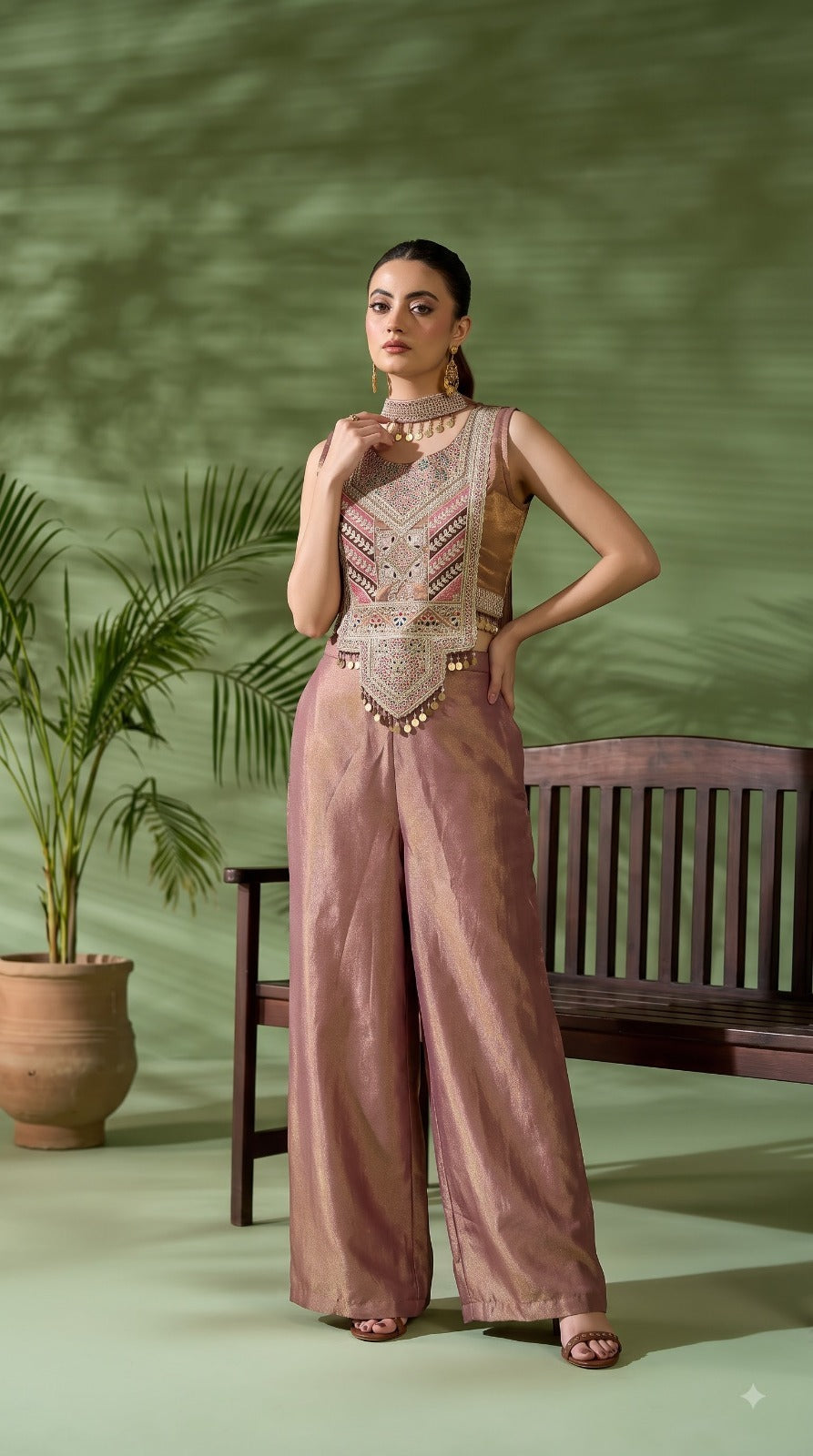 Rose Gold Embellished Shimmer Silk Co-Ord Set