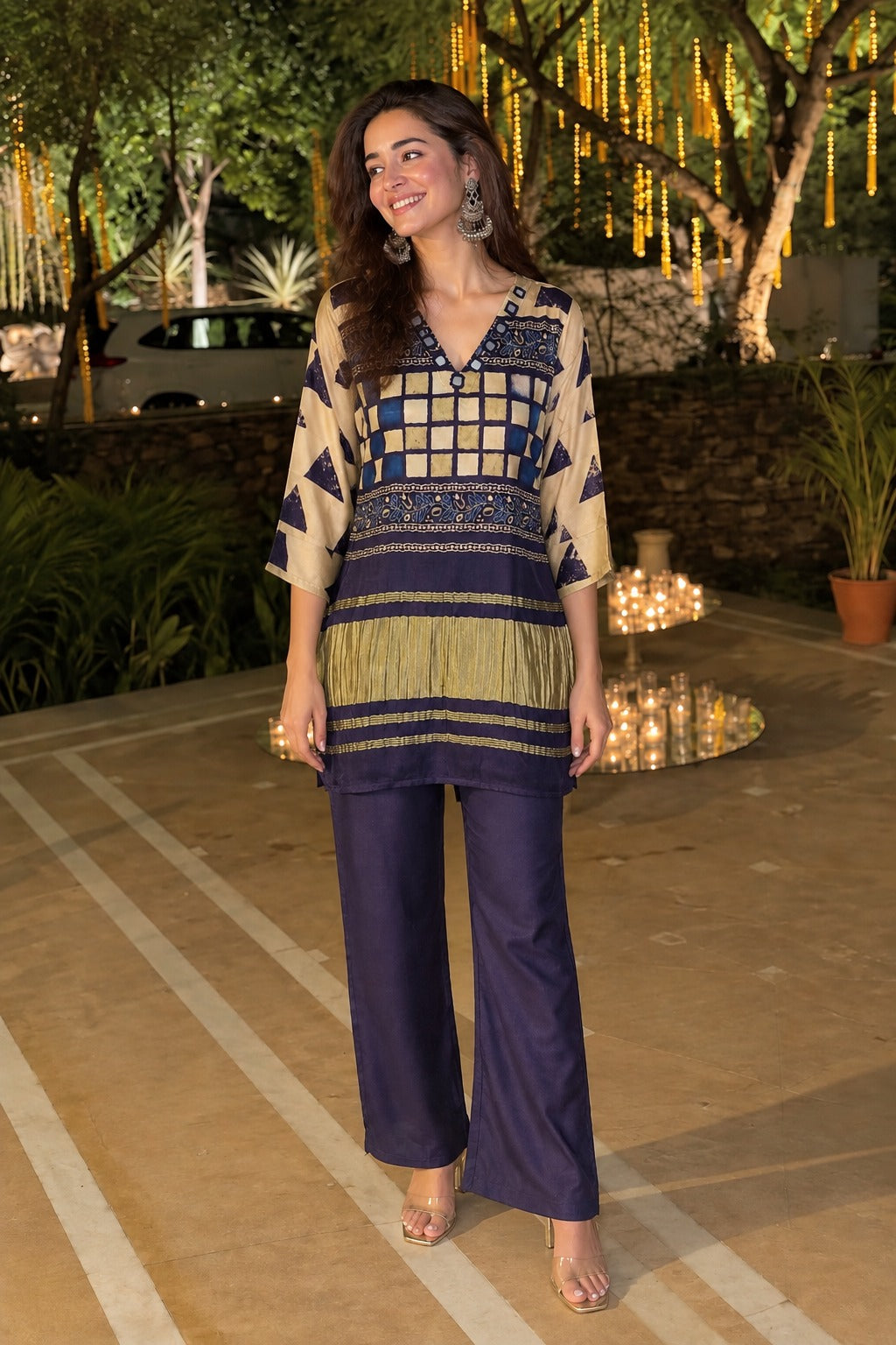 Navy Blue & Beige Printed Crepe Silk Co-Ord Set