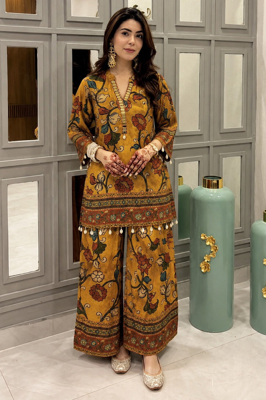 Mustard Yellow Printed Crepe Silk Co-Ord Set