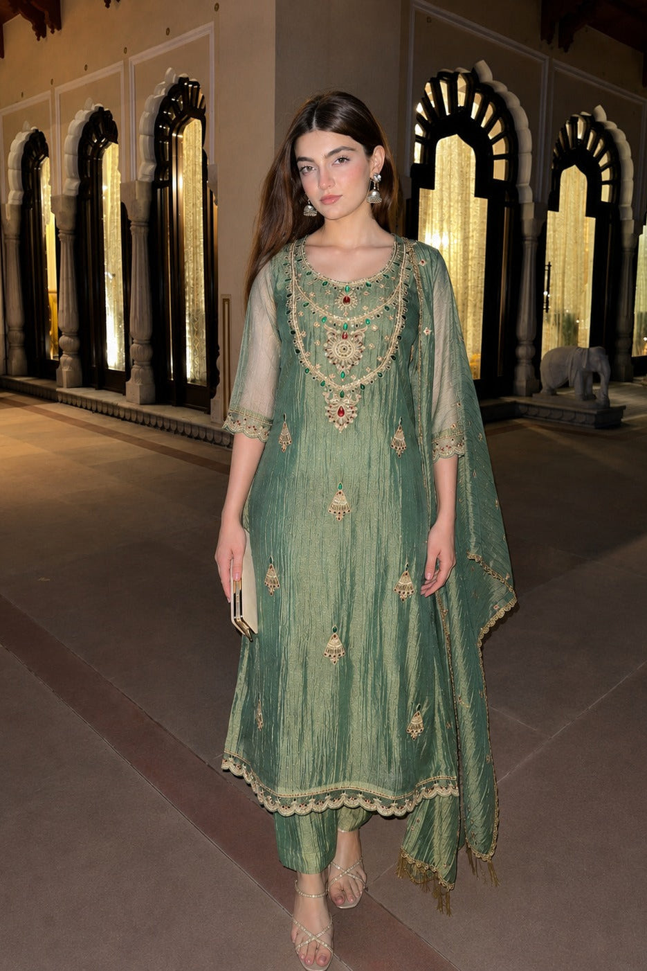 Sage Green Embellished Shimmer Tissue Silk Pant Set