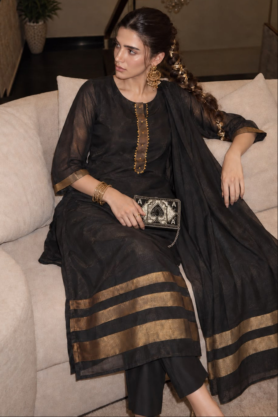 Midnight Black Embellished Crepe Silk Pant Set