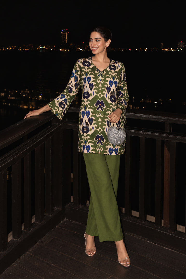 Green Fern Printed Pure Muslin Silk Co-Ord Set