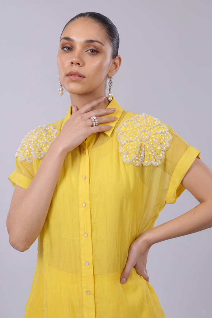 Bright Yellow Embellished Organza Silk Co-Ord Set