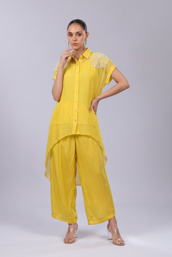 Bright Yellow Embellished Organza Silk Co-Ord Set