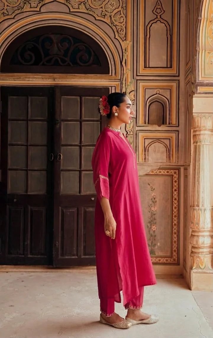Rani Pink Embellished Tabby Silk Kurta Set