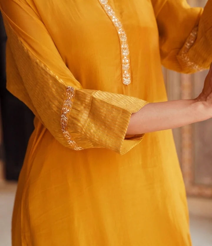 Mustard Embellished Tabby Silk Kurta Set