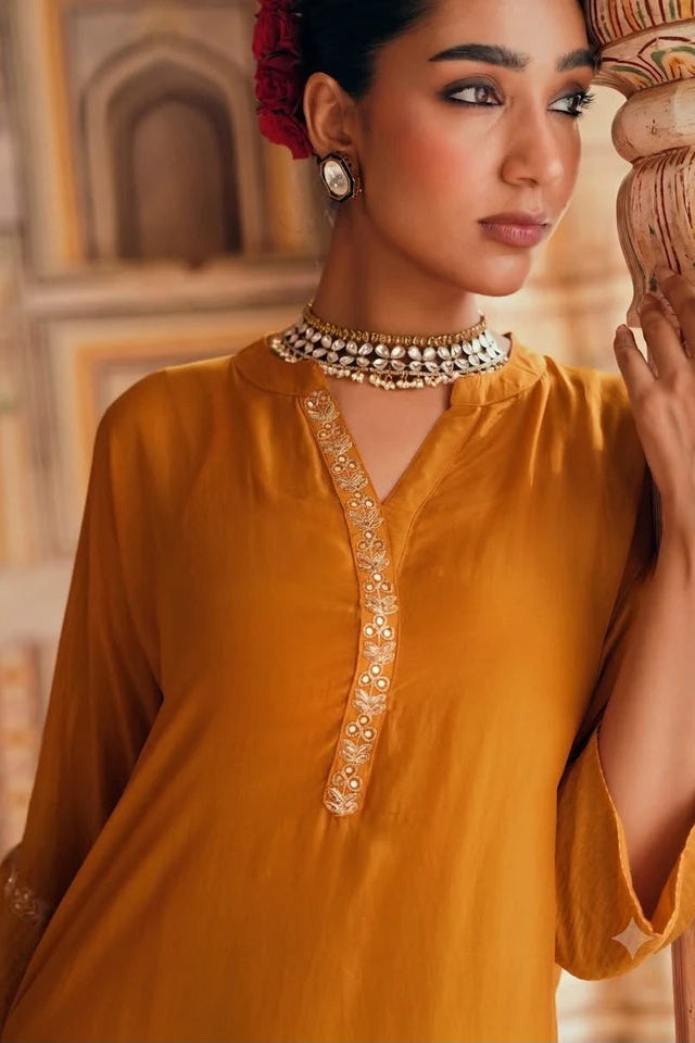 Mustard Embellished Tabby Silk Kurta Set