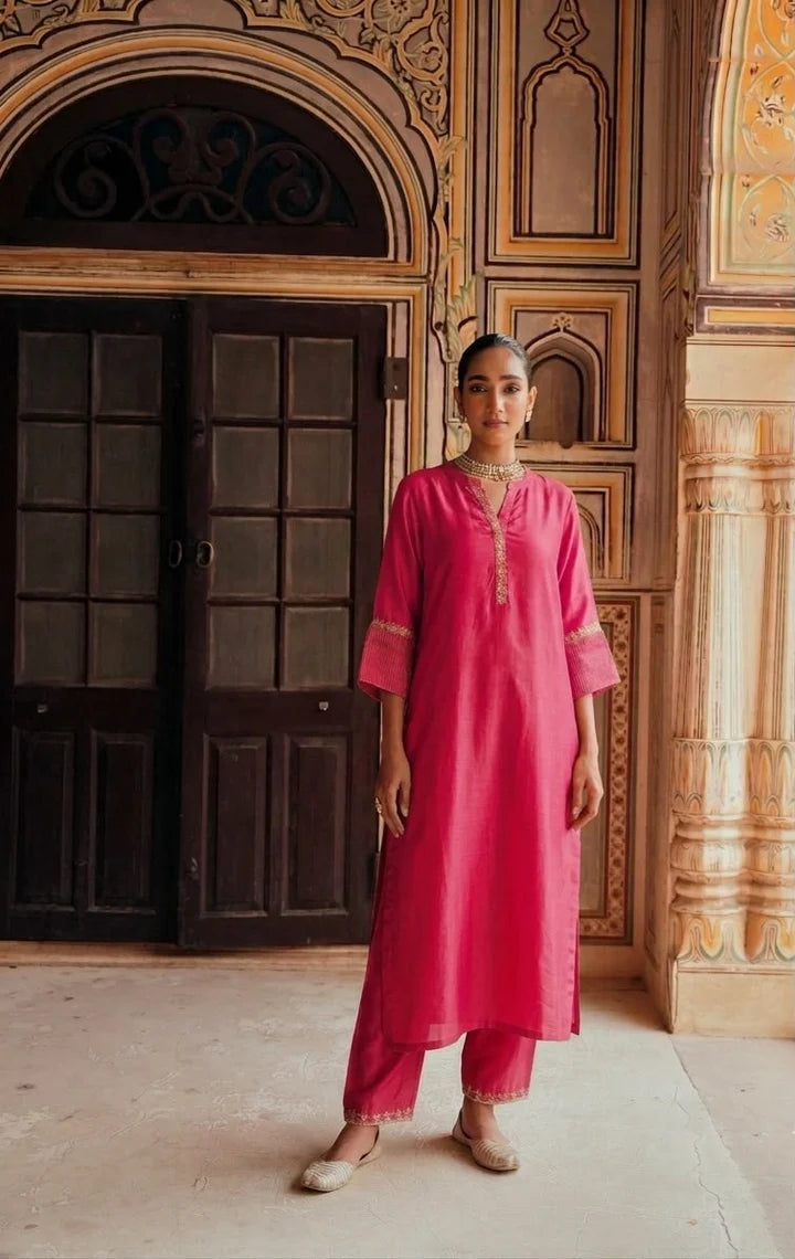 Rani Pink Embellished Tabby Silk Kurta Set